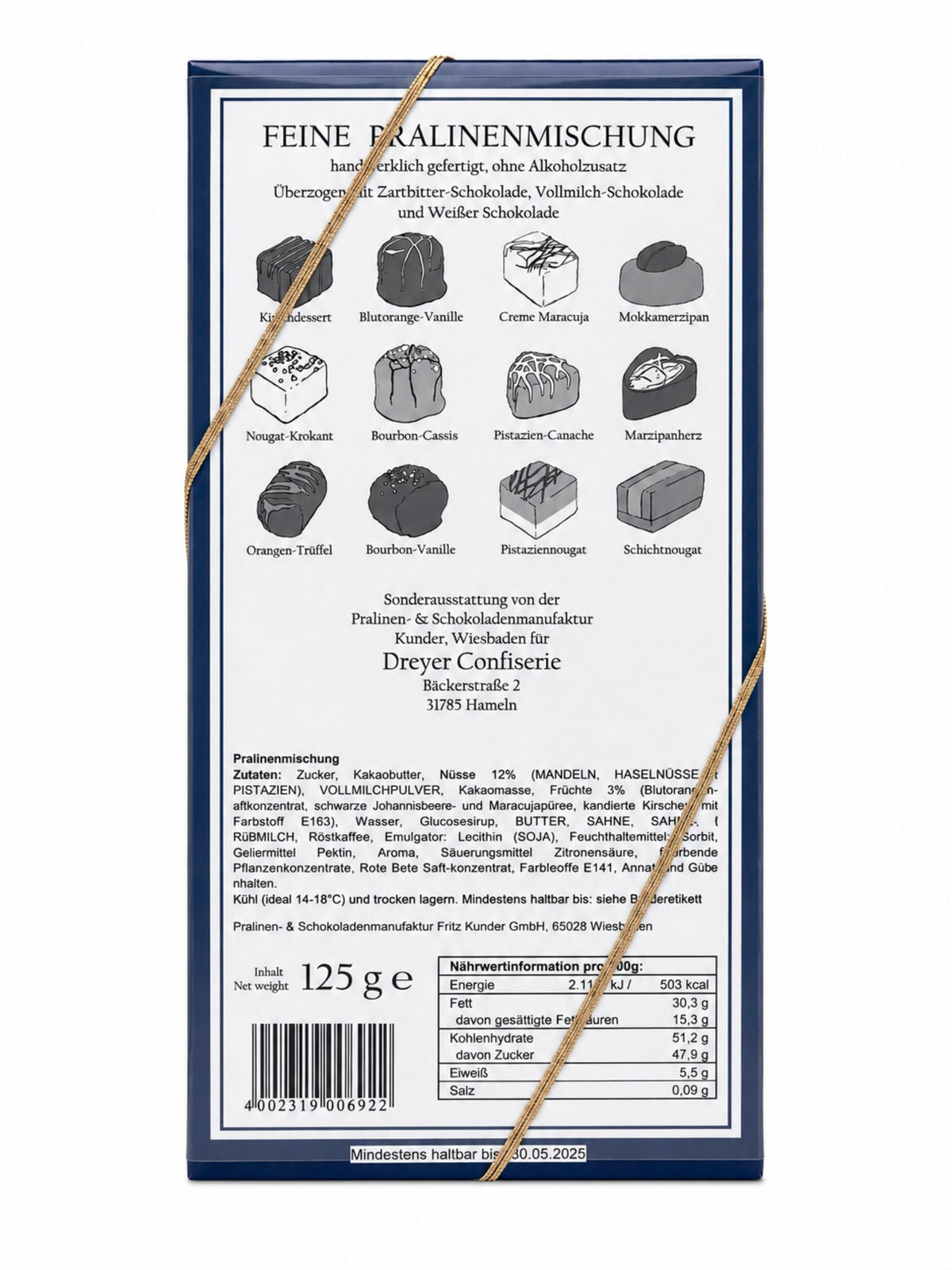 Rückseite Feine Pralinen alkoholfrei 125g von der Dreyer Confiserie