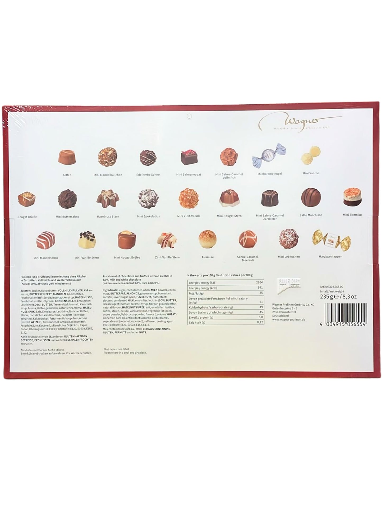 Rückseite mit Inhaltstoffen und Nährwerten von Wagner Pralinen Adventskalender „Weihnachtsmarkt“ 235 g – edler Adventskalender mit 24 handgefertigten Pralinen und Trüffeln ohne Alkohol.