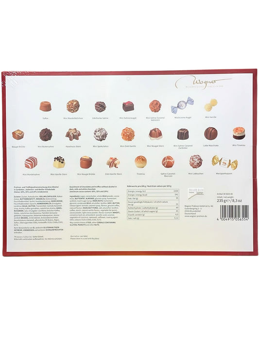 Rückseite mit Inhaltstoffen und Nährwerten von Wagner Pralinen Adventskalender „Weihnachtsmarkt“ 235 g – edler Adventskalender mit 24 handgefertigten Pralinen und Trüffeln ohne Alkohol.