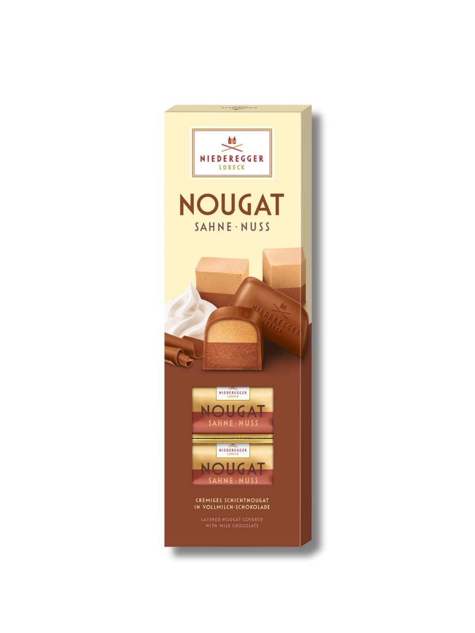 Niederegger Schichtnougat Sahne Nuss 100 g – cremiges Sahne- und feinherbes Nougat in Vollmilchschokolade erhältlich in der Dreyer Confiserie aus der Rattenfängerstadt Hameln. 
