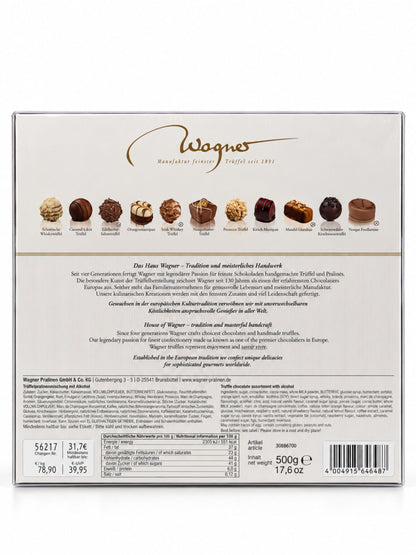 Rückseite der Trüffelpralinen Frohe Weihnachten und Neujahr 500g von Wagner Pralinen mit elf Pralinensorten, Zutaten, Allergenen und Nährwertangaben