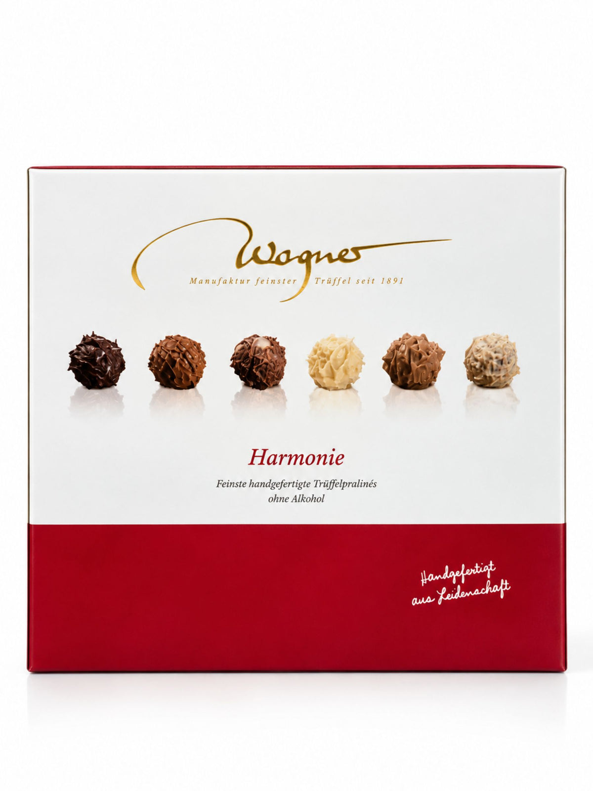 Trüffelpralinen Harmonie ohne Alkohol 200g von Wagner Pralinen in weiß-roter Geschenkbox mit abgebildeten Schokoladentrüffeln und elegantem Harmonie-Schriftzug