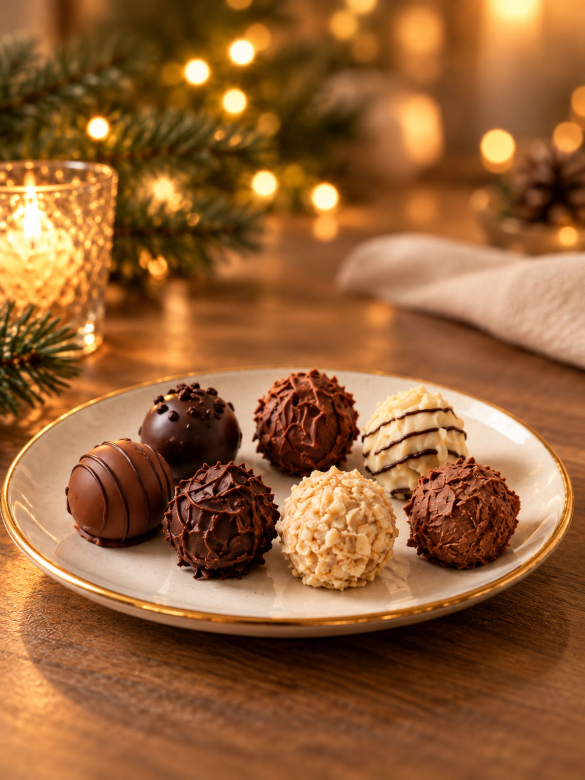 Detailbild von Rückseite der Trüffelpralinen mit Alkohol Winterlandschaft 100g von Wagner Pralinen vor weihnachtlichem Hintergrund