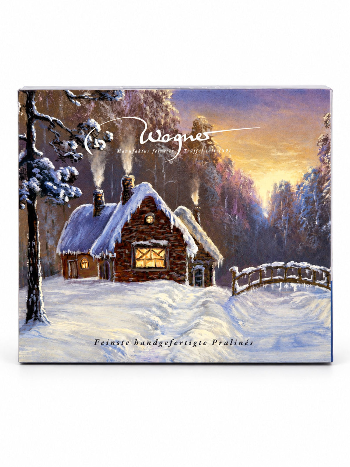 Trüffelpralinen mit Alkohol Winterlandschaft 100g von Wagner Pralinen in Geschenkbox mit verschneitem Haus und Brücke