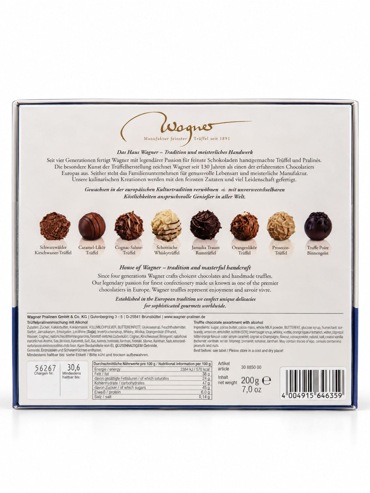 Rückseite der Trüffelpralinen mit Alkohol Winterlandschaft 200g von Wagner Pralinen mit acht Sorten, Zutaten und Nährwertangaben