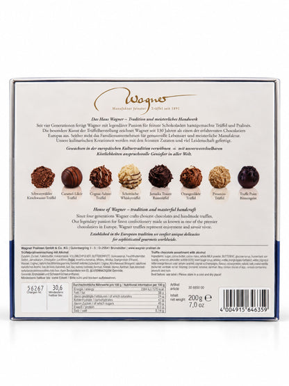Rückseite der Trüffelpralinen mit Alkohol Winterlandschaft 200g von Wagner Pralinen mit acht Sorten, Zutaten und Nährwertangaben
