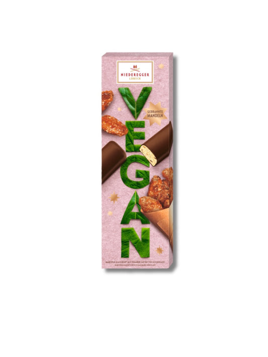 Niederegger VEGAN Chocolate Gebrannte Mandeln 100 g – vegane Pralinen mit Gewürz-Kakaocreme in Zartbitterschokolade, erhältlich bei Dreyer Confiserie Hameln.