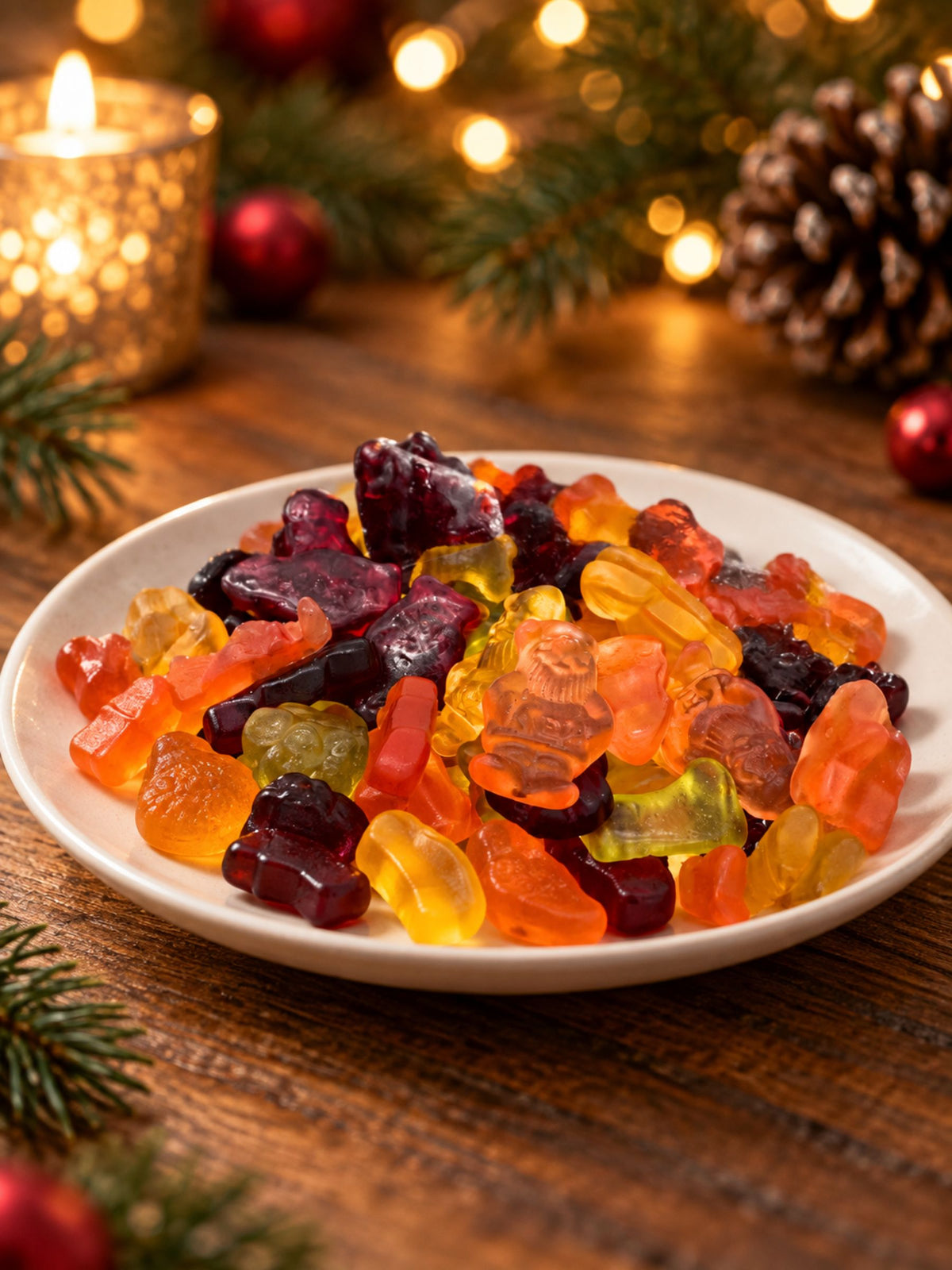 Veganes Fruchtgummi Weihnachten 150g von der Dreyer Confiserie auf Teller und weihnachtlichem Hintergrund