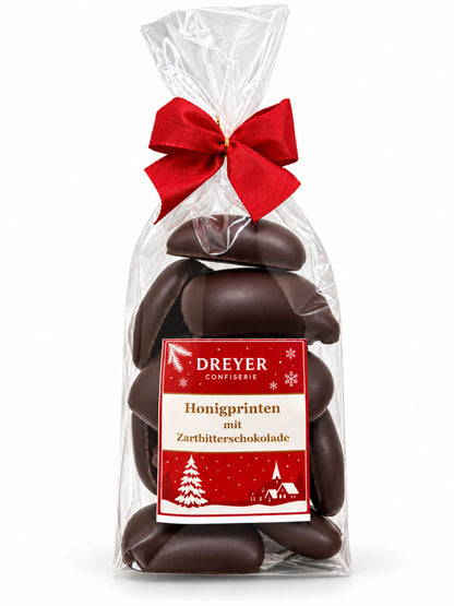 Honig-Printen in Zartbitterschokolade 175g von der Dreyer Confiserie in weihnachtlicher Verpackung