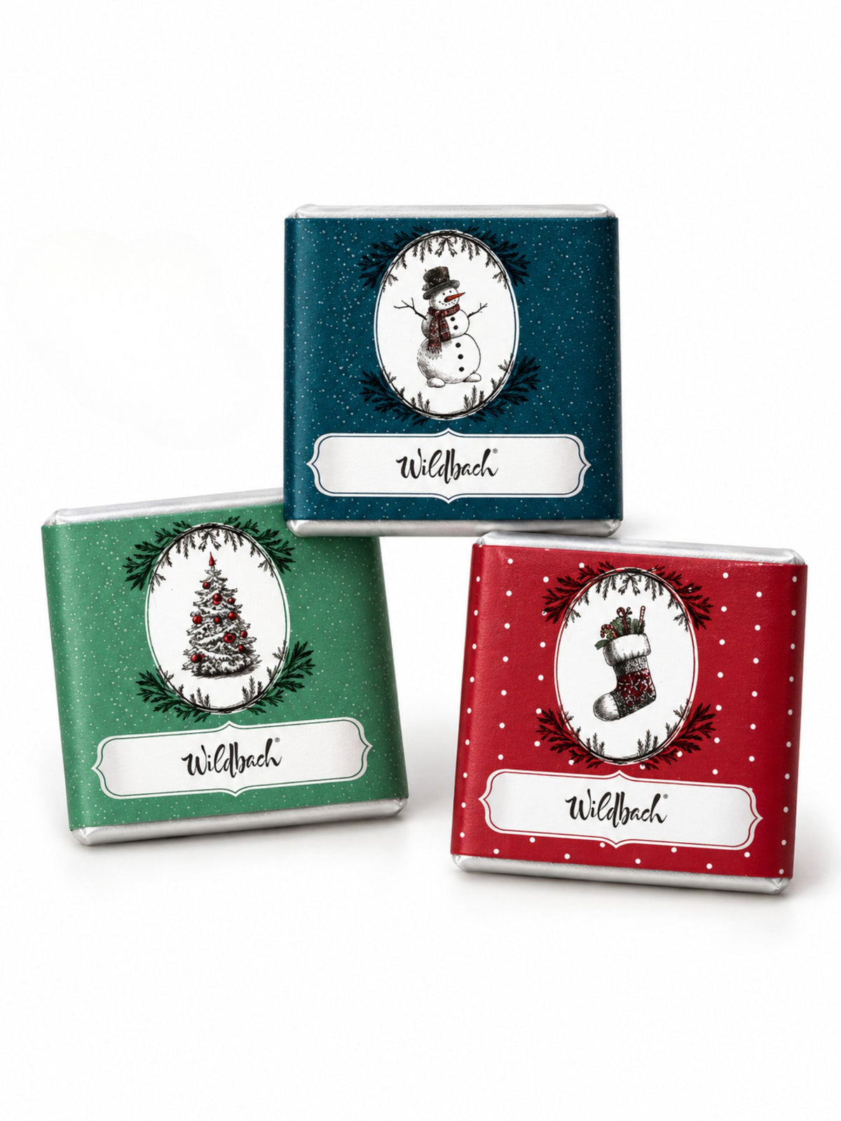 Vintage Weihnachts-Minis Schokolade 4,5g von Wildbach in Rot Grün und Blau