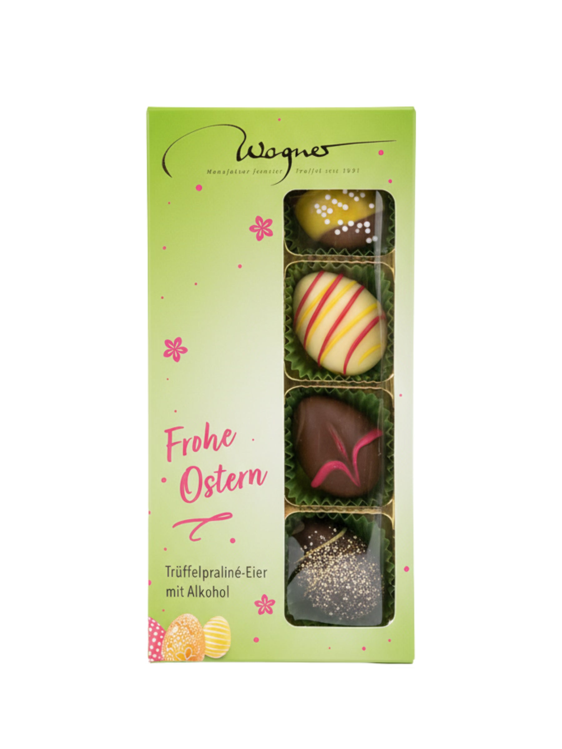Wagner Mini-Trüffelpraliné-Eier mit Alkohol 100g mit Ostermotiven, erhältlich in der Dreyer Confiserie in Hameln