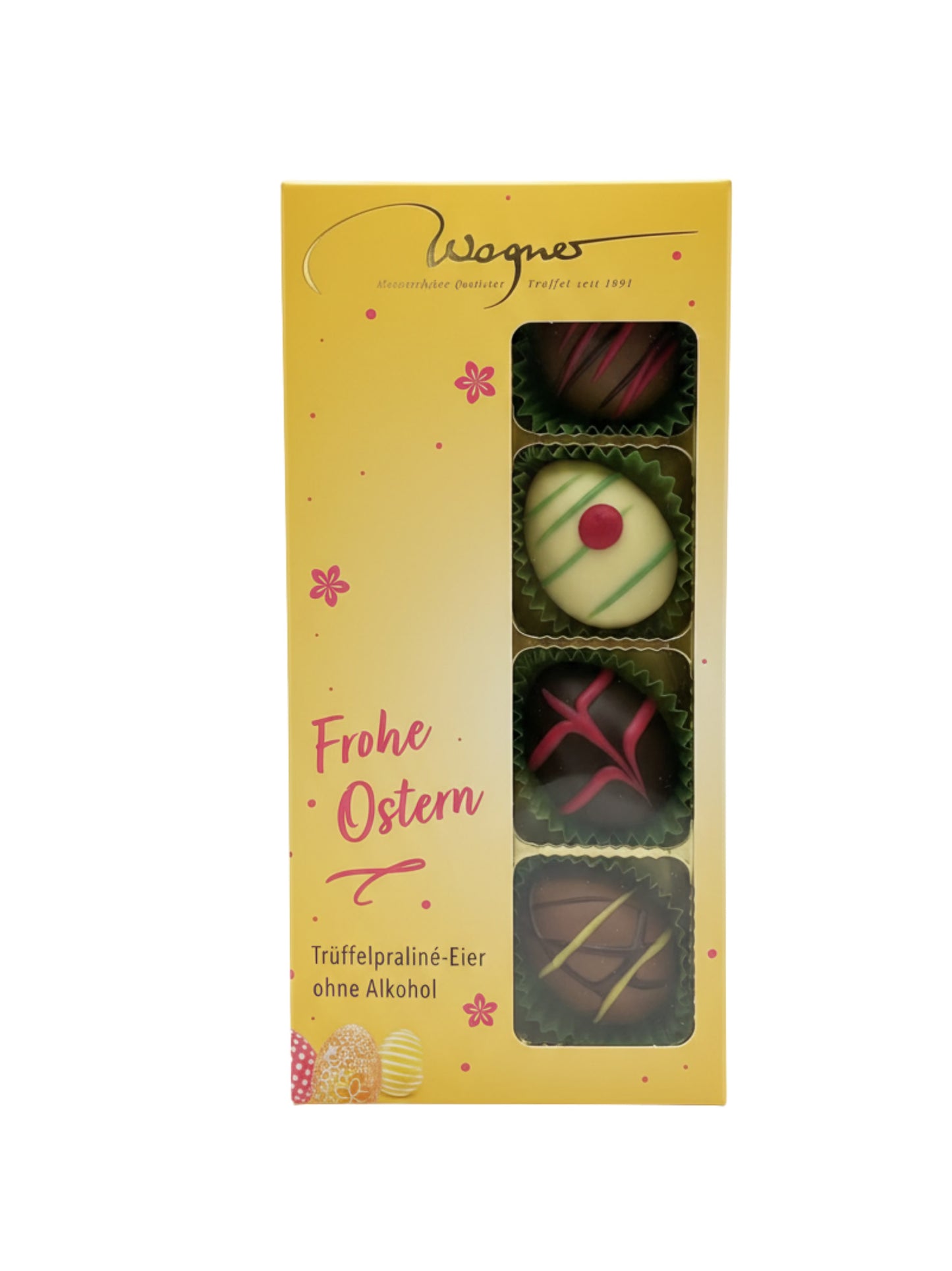 Wagner Mini-Trüffelpraliné-Eier ohne Alkohol 100g mit Ostermotiven, erhältlich in der Dreyer Confiserie in Hameln