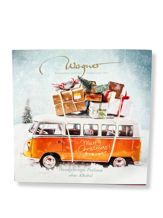 Wagner Trüffelpralinés Merry Christmas Bulli 200 g, handgefertigte alkoholfreie Trüffelpralinen in edler Geschenkbox mit VW-Bulli-Weihnachtsmotiv, erhältlich in der Dreyer Confiserie in der Rattenfängerstadt Hameln.