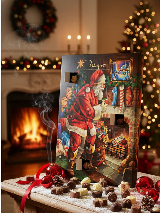 Wagner Pralinen Adventskalender „Weihnachtsmann“ 315 g – XL-Pralinenkalender mit 24 handgefertigten Confiserie-Pralinen und Trüffeln ohne Alkohol, erhältlich in der Dreyer Confiserie in der Rattenfängerstadt Hameln.