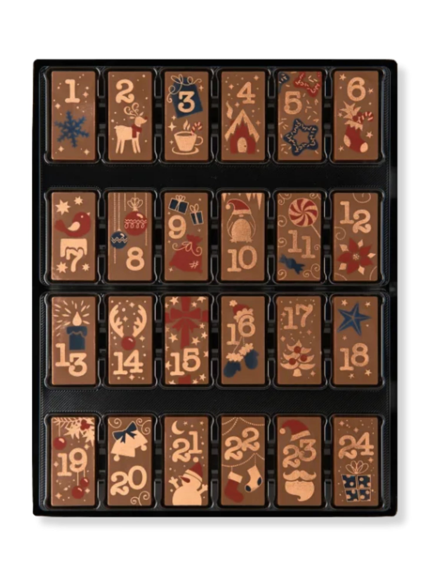 Adventskalender Domino Vollmilch 200 g – edler Schokoladenkalender mit 24 dekorierten Täfelchen aus feiner Edelvollmilchschokolade, erhältlich in der Dreyer Confiserie in der Rattenfängerstadt Hameln.