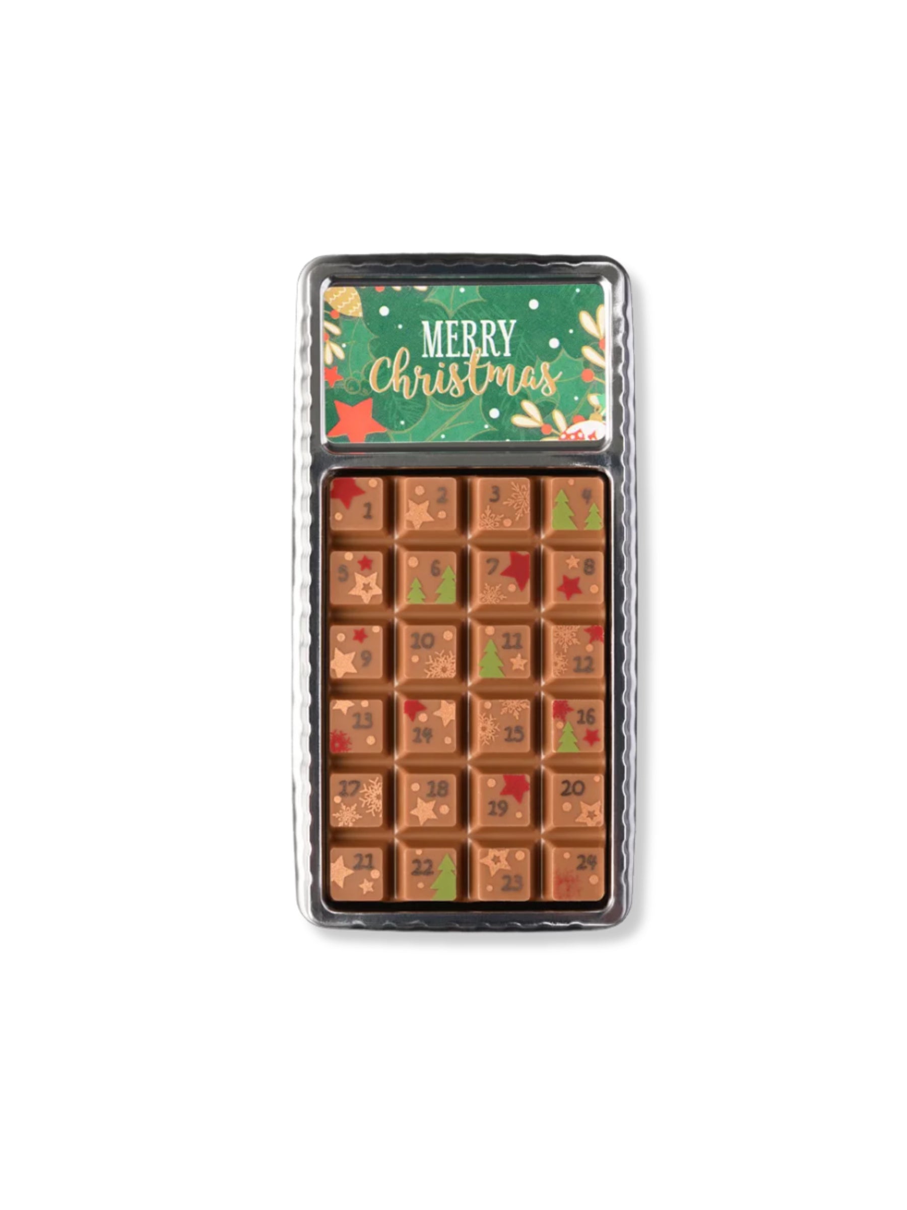 Mini Adventskalender Vollmilch 30 g – kleine tafelförmige Adventsschokolade aus Edel-Vollmilchschokolade mit 24 nummerierten Stückchen, erhältlich in der Dreyer Confiserie in der Rattenfängerstadt Hameln.