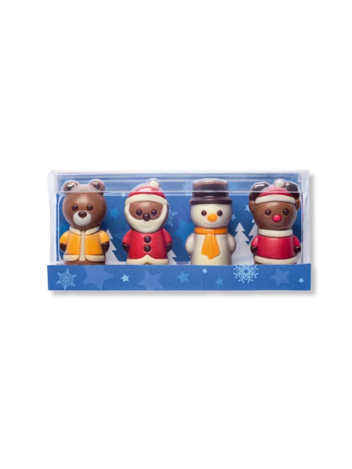 Weibler Mini Weihnachtsfiguren 40 g – vier kleine Edelvollmilch-Schokoladenfiguren, liebevoll dekoriert, erhältlich in der Dreyer Confiserie in der Rattenfängerstadt Hameln.