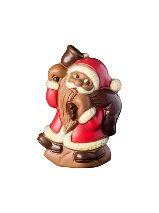 Weibler Weihnachtsmann mit Glocke 40 g – detailreich dekorierte Figur aus Edelvollmilch-Schokolade, ideal als kleine Aufmerksamkeit in der Weihnachtszeit, erhältlich in der Dreyer Confiserie in der Rattenfängerstadt Hameln.