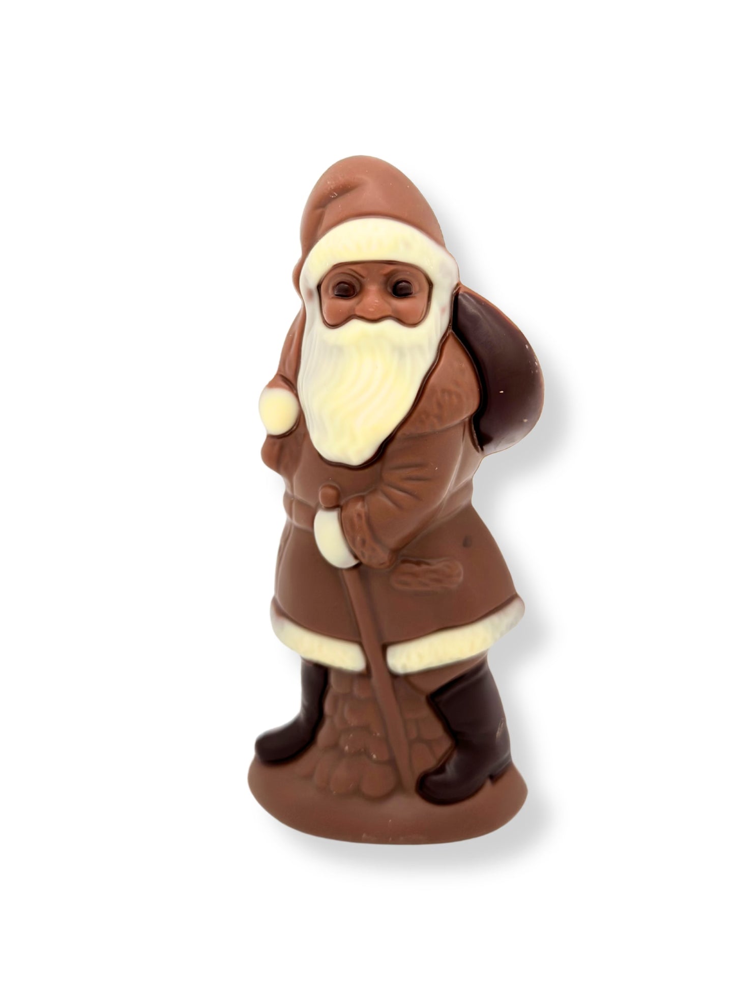 Weibler Weihnachtsmann Vollmilch 75 g, handgefertigte Schokoladenfigur aus Edelvollmilchschokolade mit Zartbitter- und Weißschokoladendetails, erhältlich in der Dreyer Confiserie in der Rattenfängerstadt Hameln.