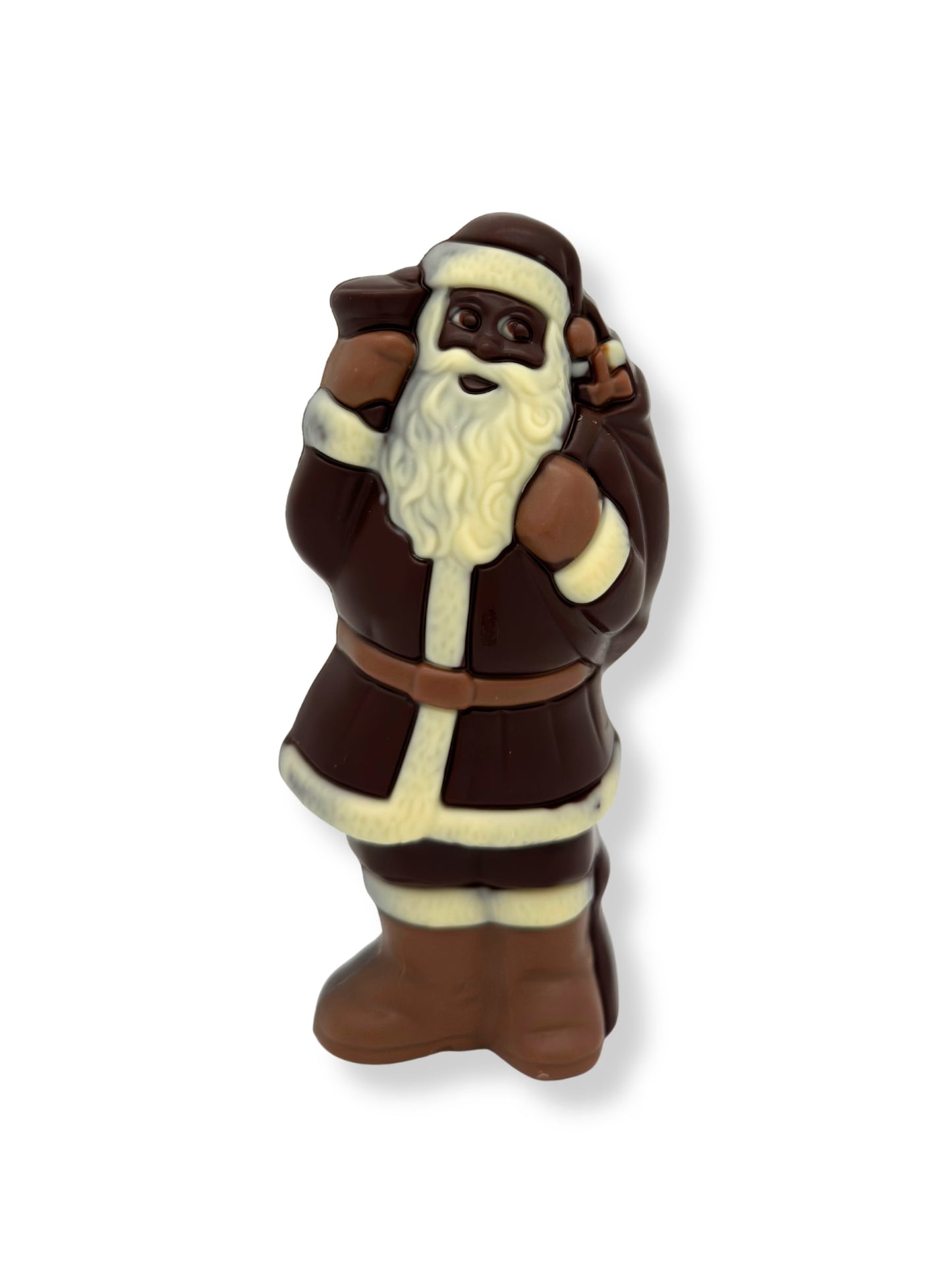 Weibler Weihnachtsmann Zartbitter 125 g, handgefertigte Schokoladenfigur aus feinster Zartbitterschokolade mit Vollmilch- und Weißschokoladendetails, erhältlich in der Dreyer Confiserie in der Rattenfängerstadt Hameln.