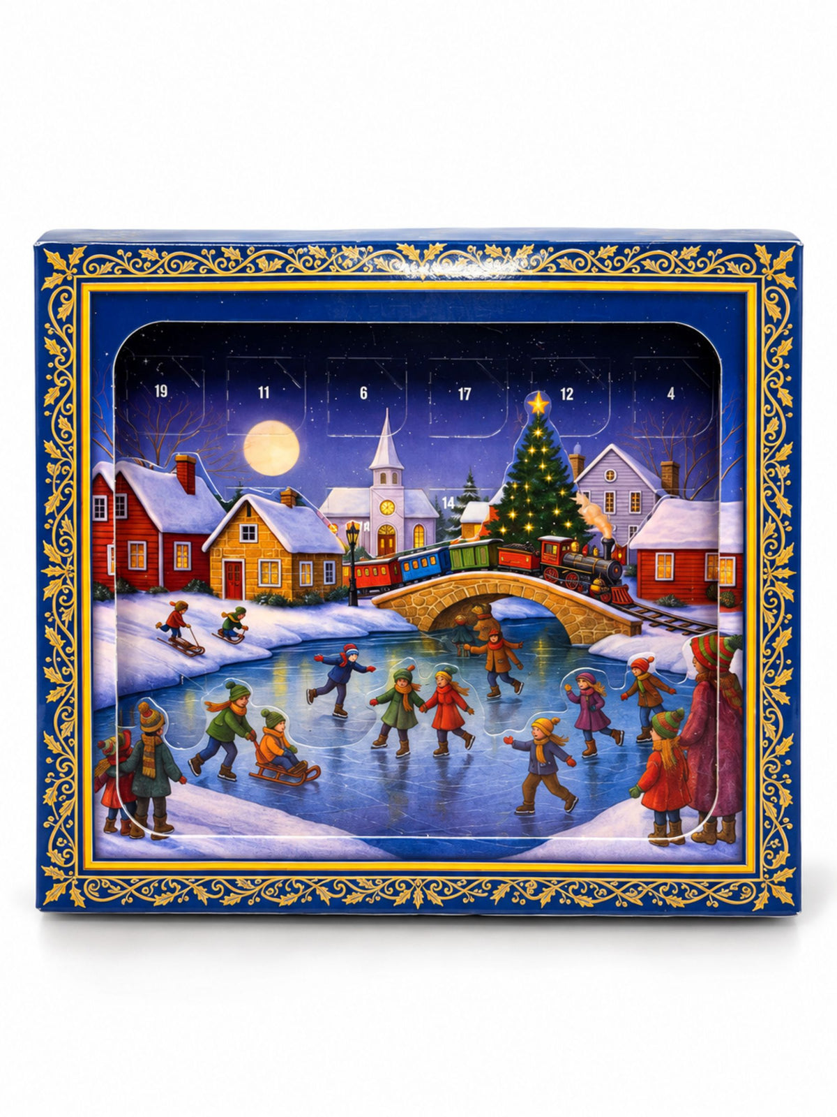Kompakter Weihnachtsleporello Adventskalender im A6-Format mit belgischer Milchschokolade 40g und nostalgischem Winterdorf