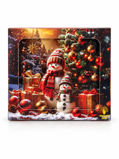 Kompakter Weihnachtsleporello Adventskalender Schneemann im A6-Format mit belgischer Milchschokolade 40g