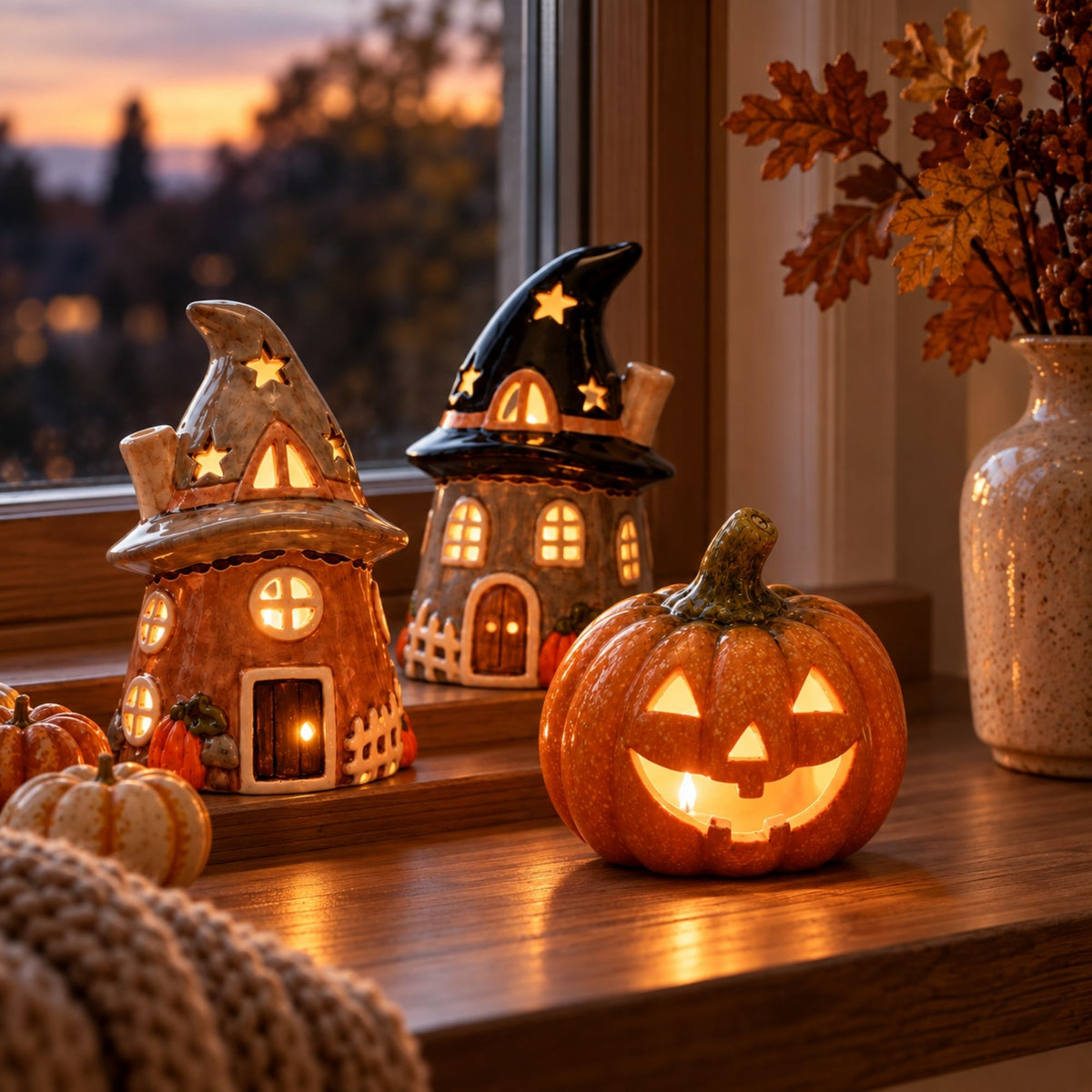 Windlicht in Kürbisform mit Teelicht und herbstlicher Deko auf der Fensterbank